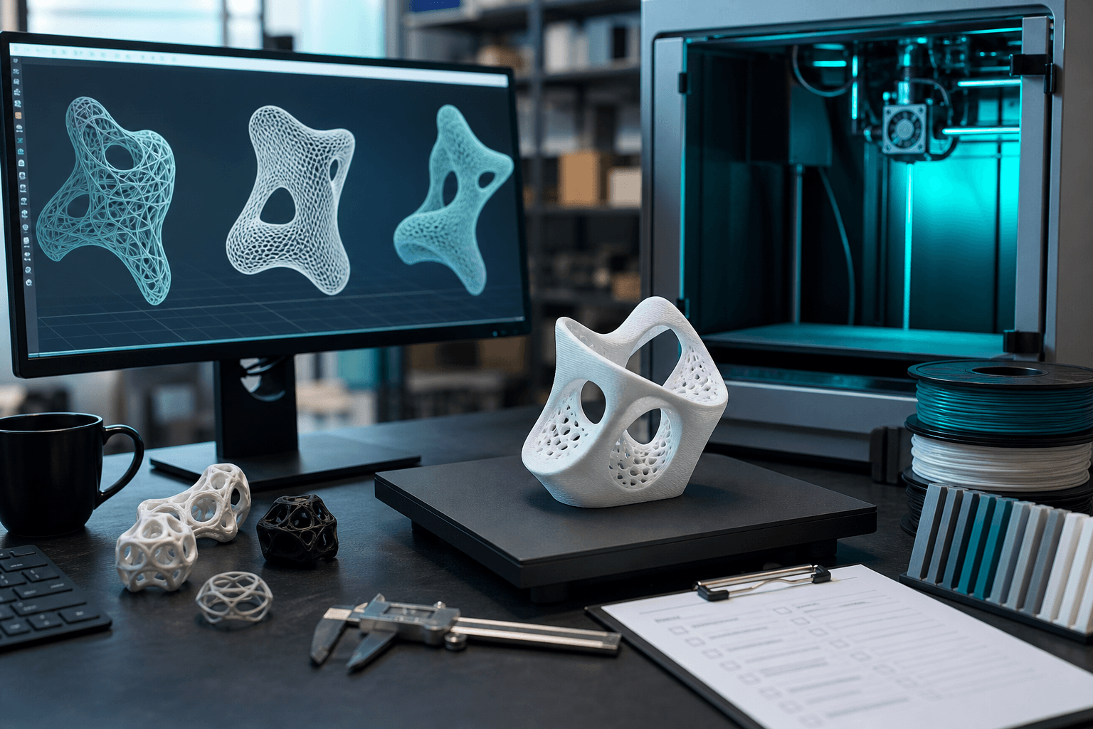 A studio scene with abstract AI-generated meshes on a monitor, a printed prototype, calipers and filament samples.
