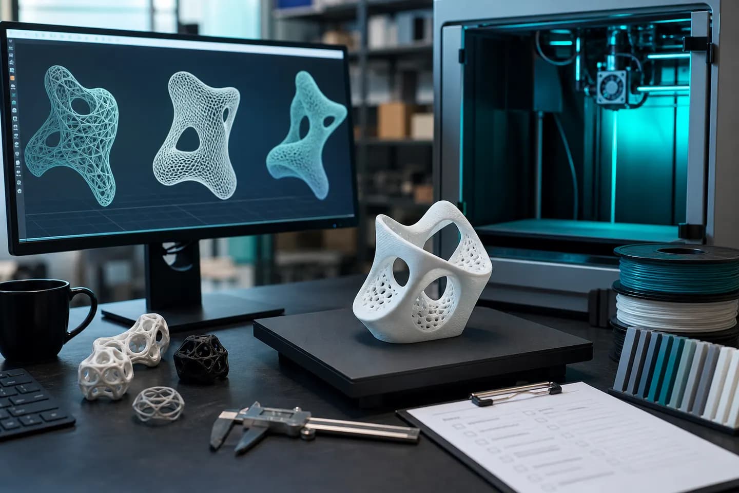 A studio scene with abstract AI-generated meshes on a monitor, a printed prototype, calipers and filament samples.