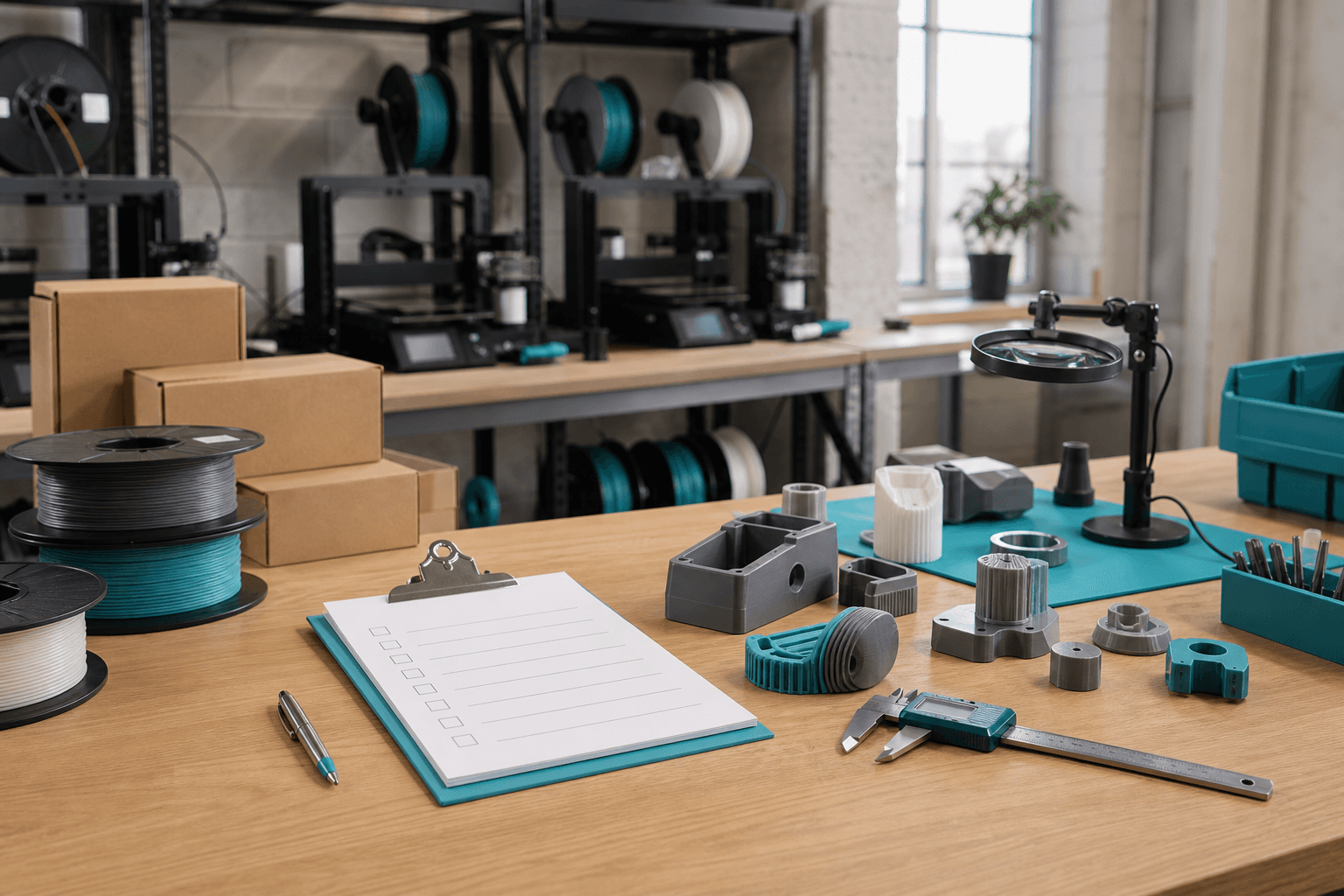 A print-farm workbench with filament spools, 3D printed product samples, packing boxes, calipers and a blank QA checklist.