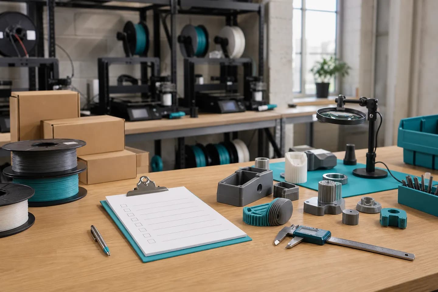 A print-farm workbench with filament spools, 3D printed product samples, packing boxes, calipers and a blank QA checklist.