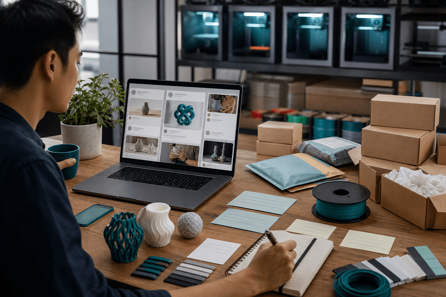 A creator reviewing an abstract social feed beside 3D printed products, filament swatches, parcels and a small print-farm workspace.