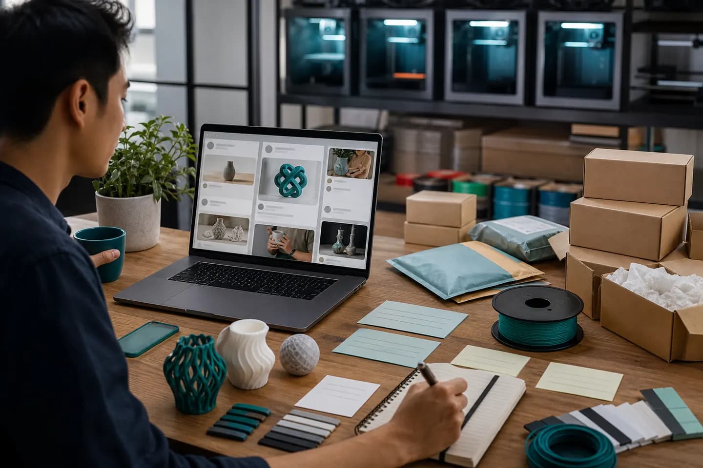 A creator reviewing an abstract social feed beside 3D printed products, filament swatches, parcels and a small print-farm workspace.