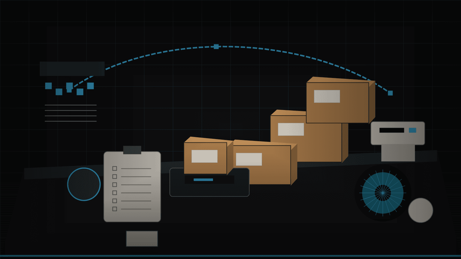 A dark Makr3D-style fulfilment illustration showing parcels, a shipping route, a checklist, filament and a label printer for US-bound orders.