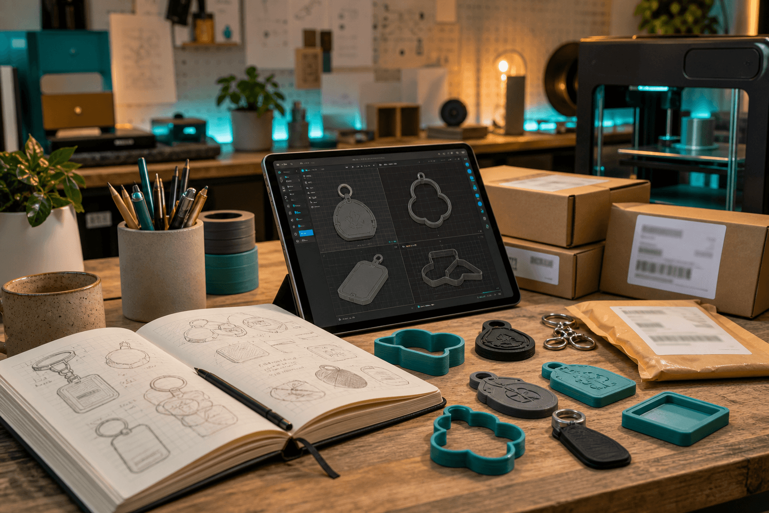 A creator workbench with sketches, abstract CAD shapes, sample 3D printed products and packing supplies.
