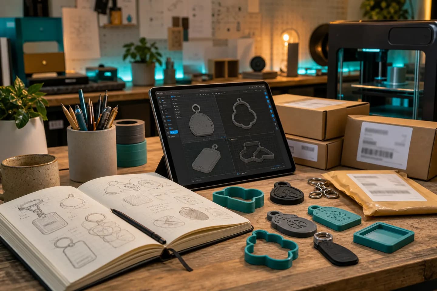 A creator workbench with sketches, abstract CAD shapes, sample 3D printed products and packing supplies.
