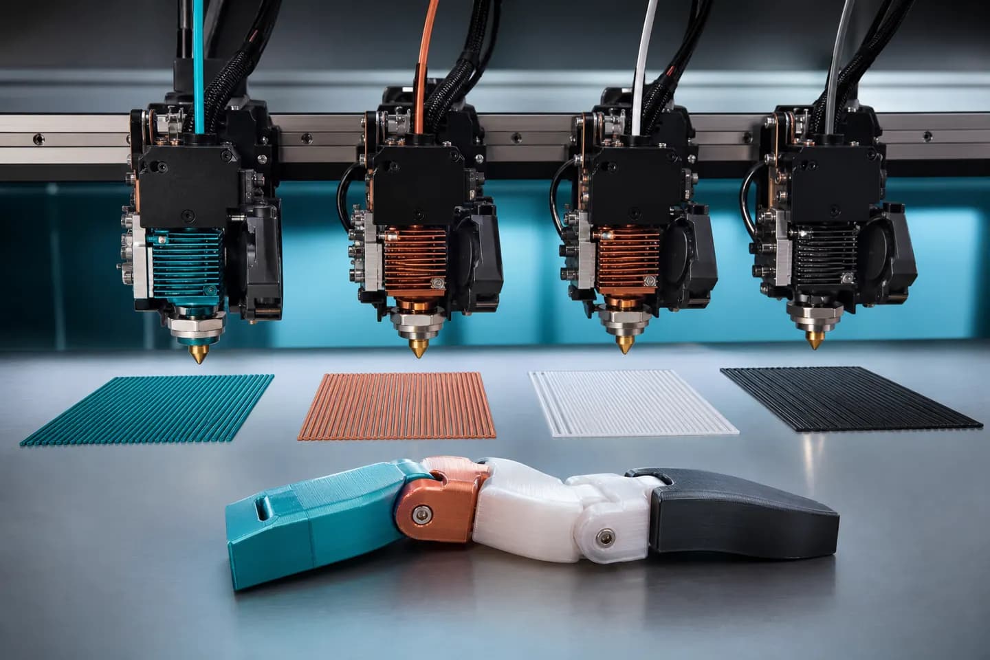 Four printer toolheads above colourful filament swatches and multi-colour 3D printed sample parts.