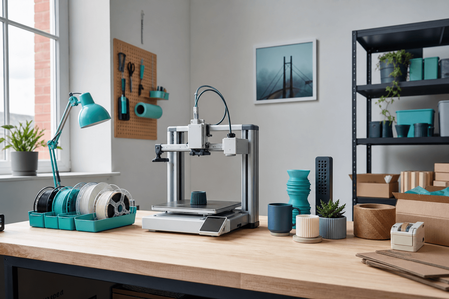 A clean creator studio desk with a desktop 3D printer, filament trays, sample products and packing materials.