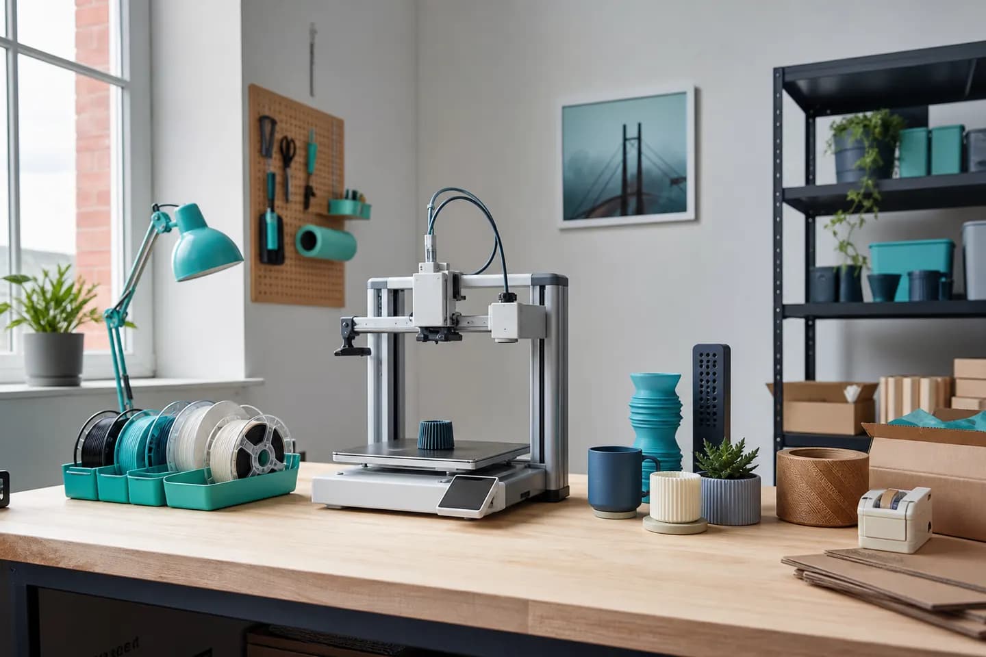 A creator studio desk with a desktop 3D printer, filament, sample products, parcels and packing materials ready for customer orders.