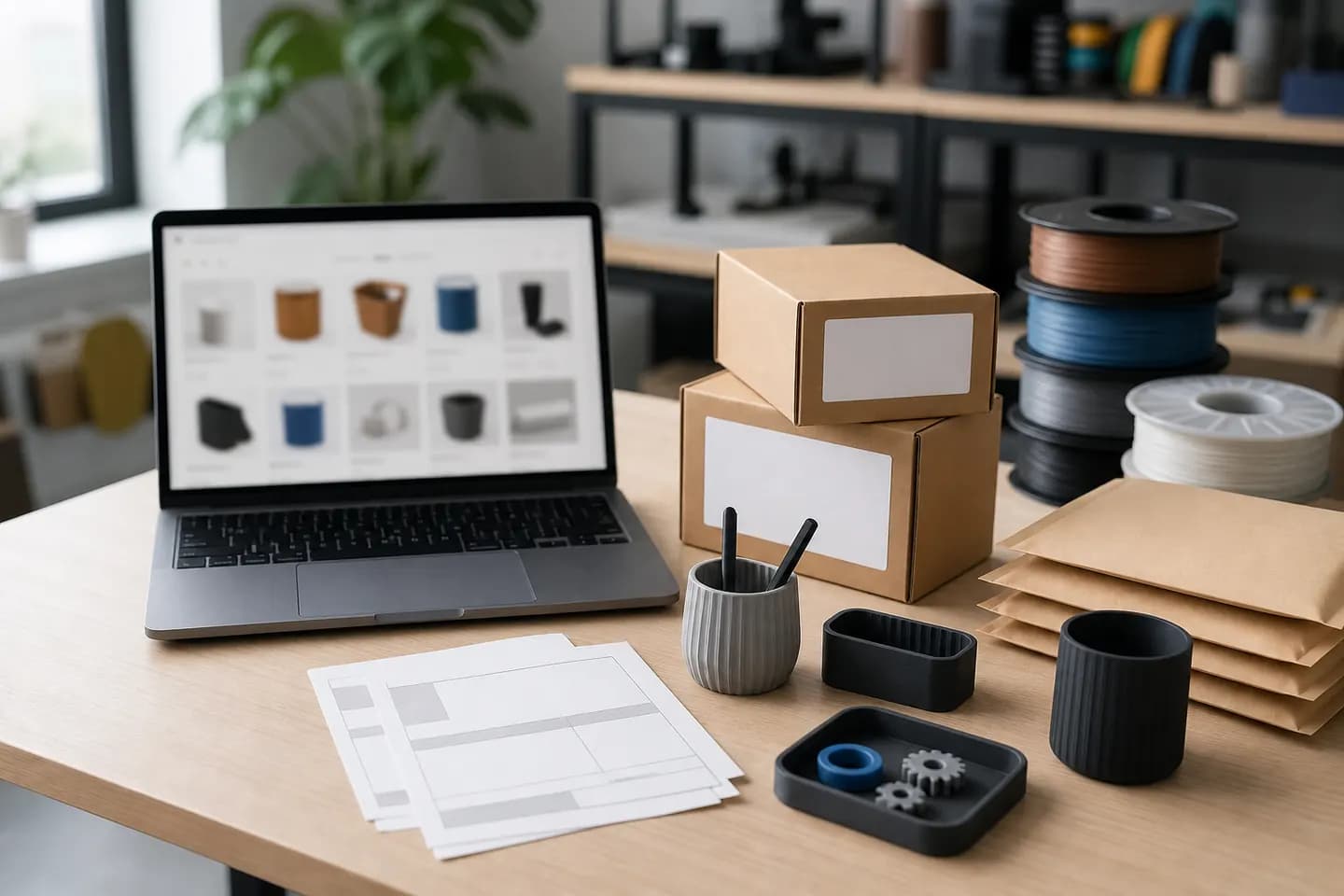 A 3D print fulfilment bench with product samples, filament, packing boxes and a laptop showing order routing.