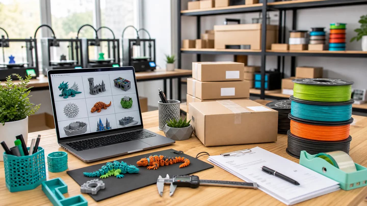 A creator studio and fulfilment bench with 3D printed products, filament, packing boxes and a laptop showing digital model thumbnails.